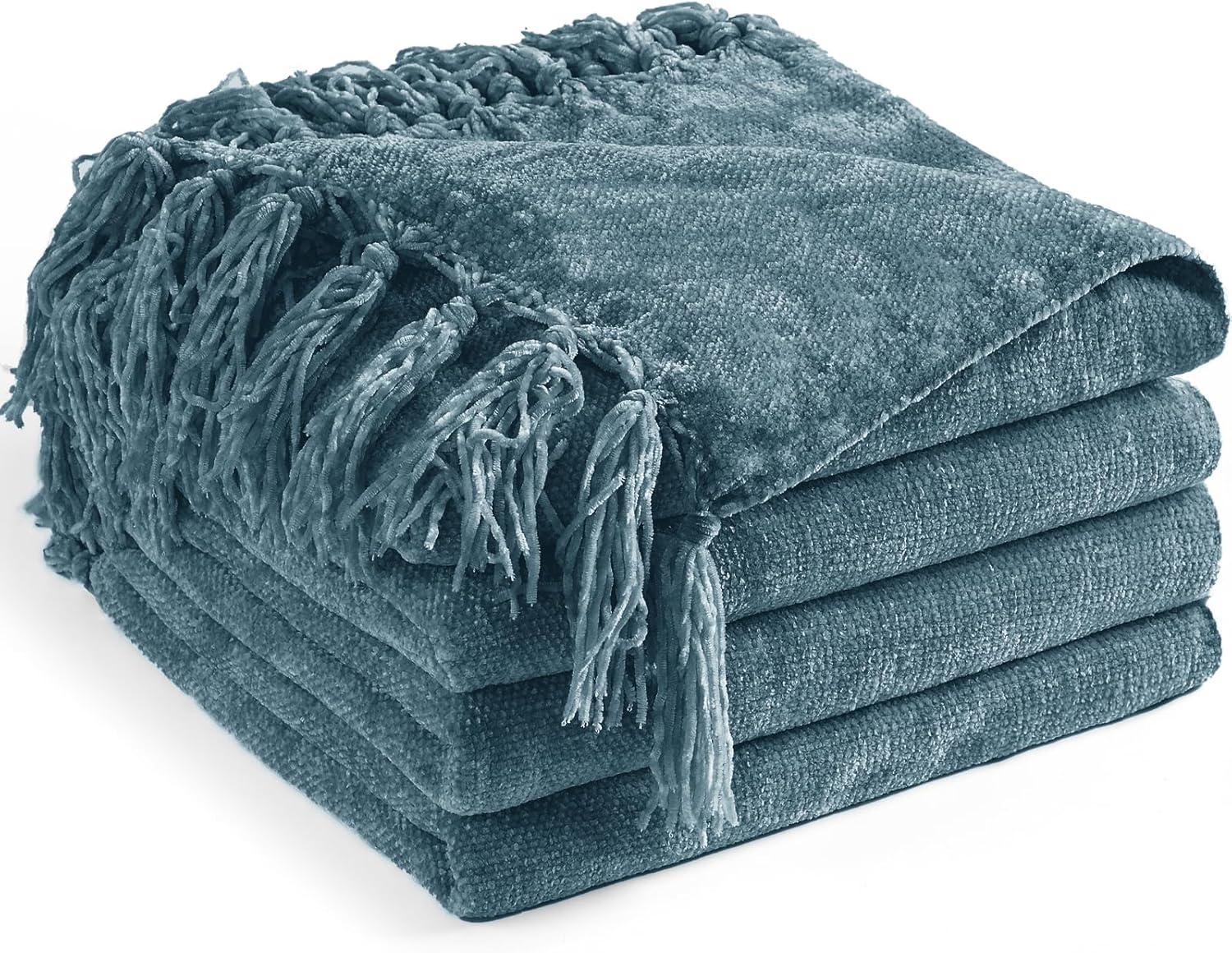 Chenille Throw Blanket for Couch 50"X 60", Soft Cozy Throws with Fringe Tassel for Bed Sofa Chair Cover, Lightweight Knitted Decorative Boho Blankets for Living Room, Dusty Blue