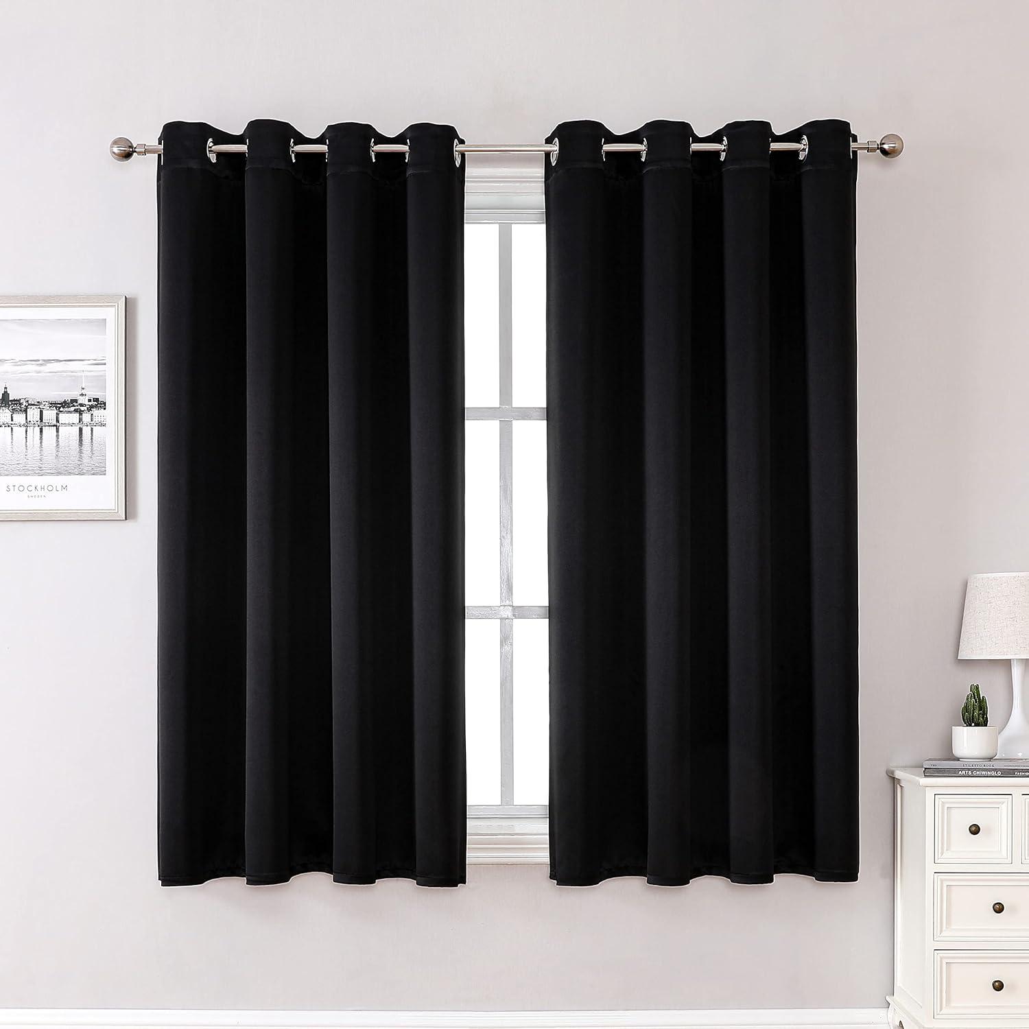 Coodeto Short Blackout Curtains Black, Set of 2, W52 x L63 - Blackout Curtains for Kitchen and Kids Bedroom