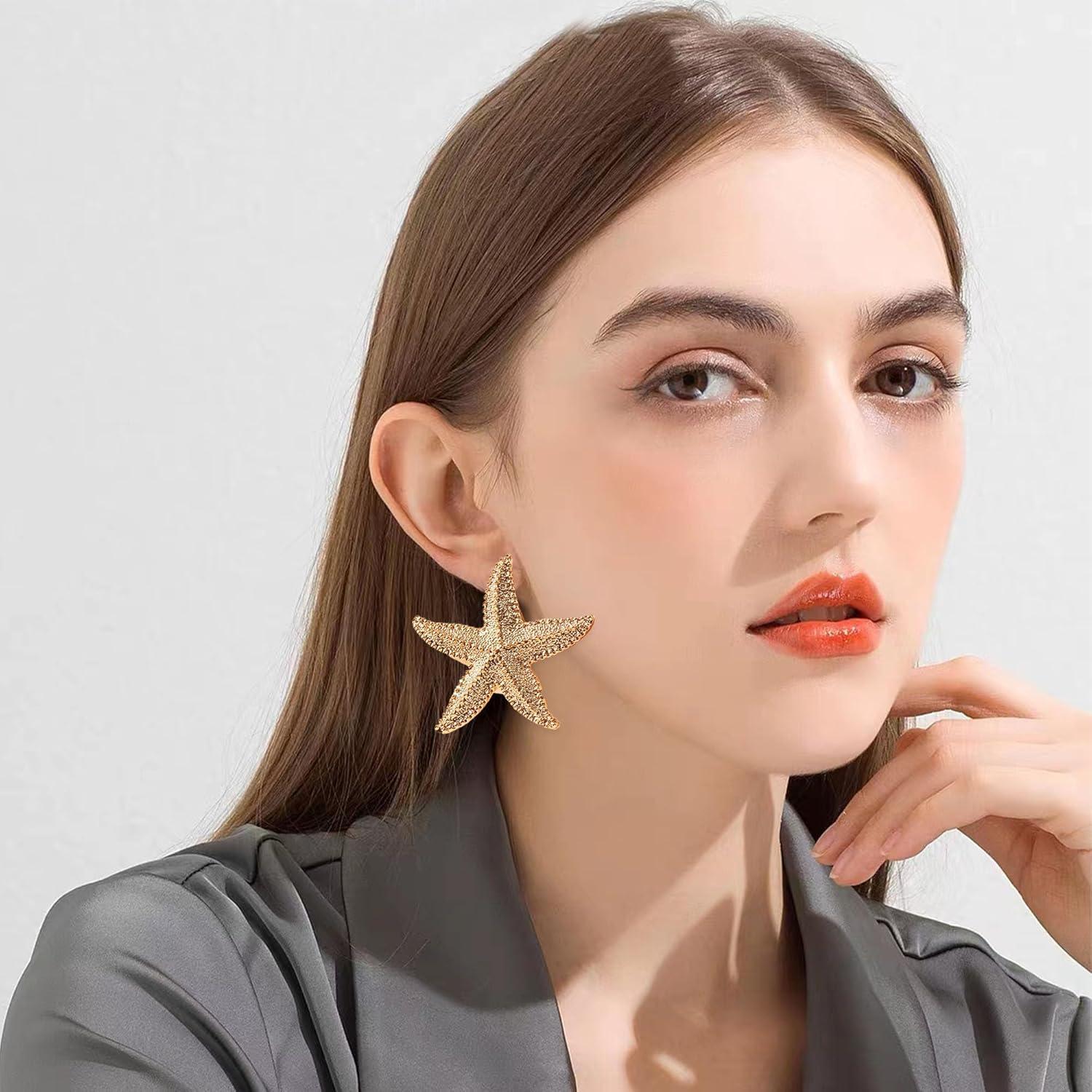 Punk Boho Starfish Earrings Starfish Statement Star Stud Earrings for Women Beach Ocean Summer Jewelry