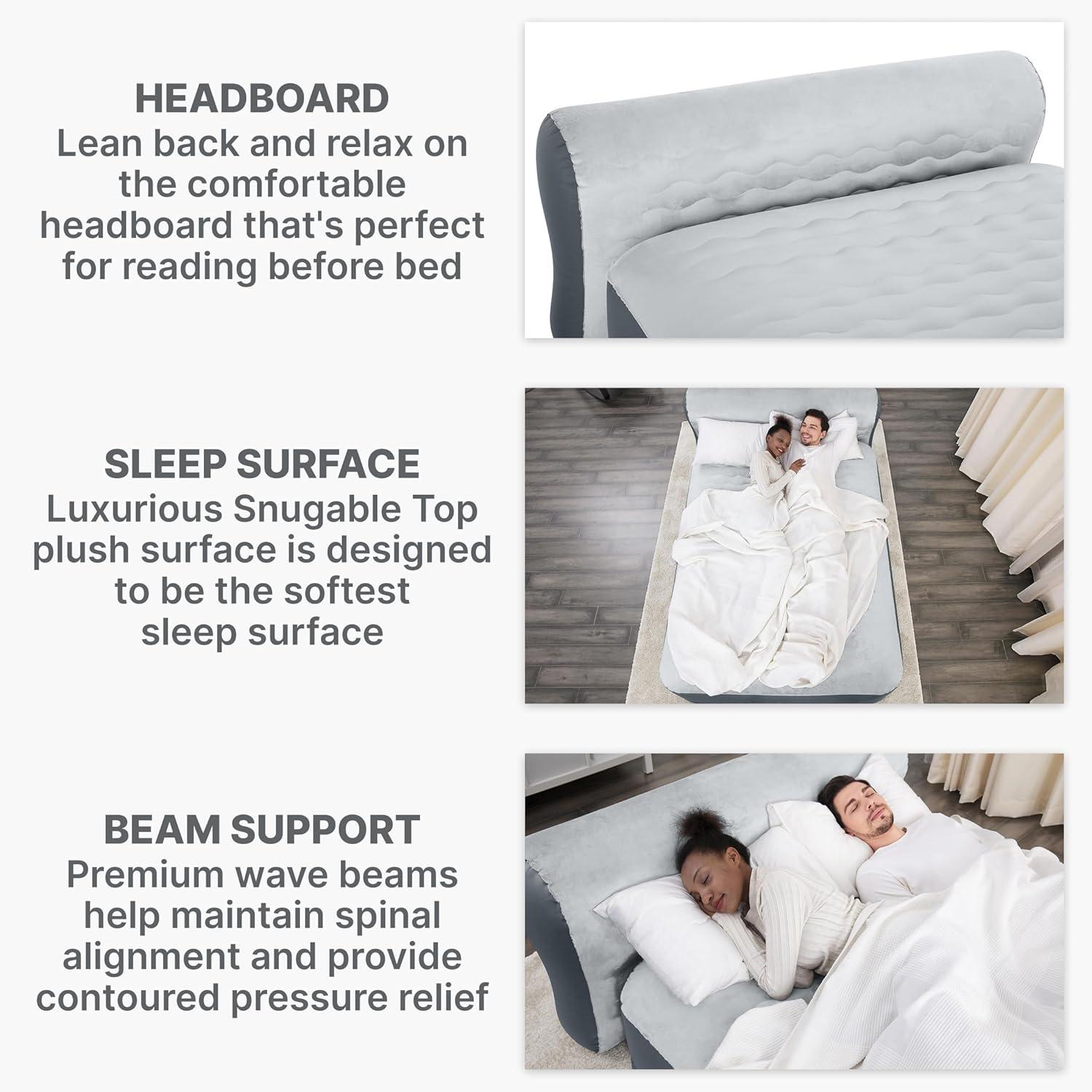 SleepLux Queen Air Mattress with Headboard | Supersoft Snugable Top, Extra Durable Tough Guard | Raised Airbed with Built in Pump + USB Charger (90"x60"x29") Grey