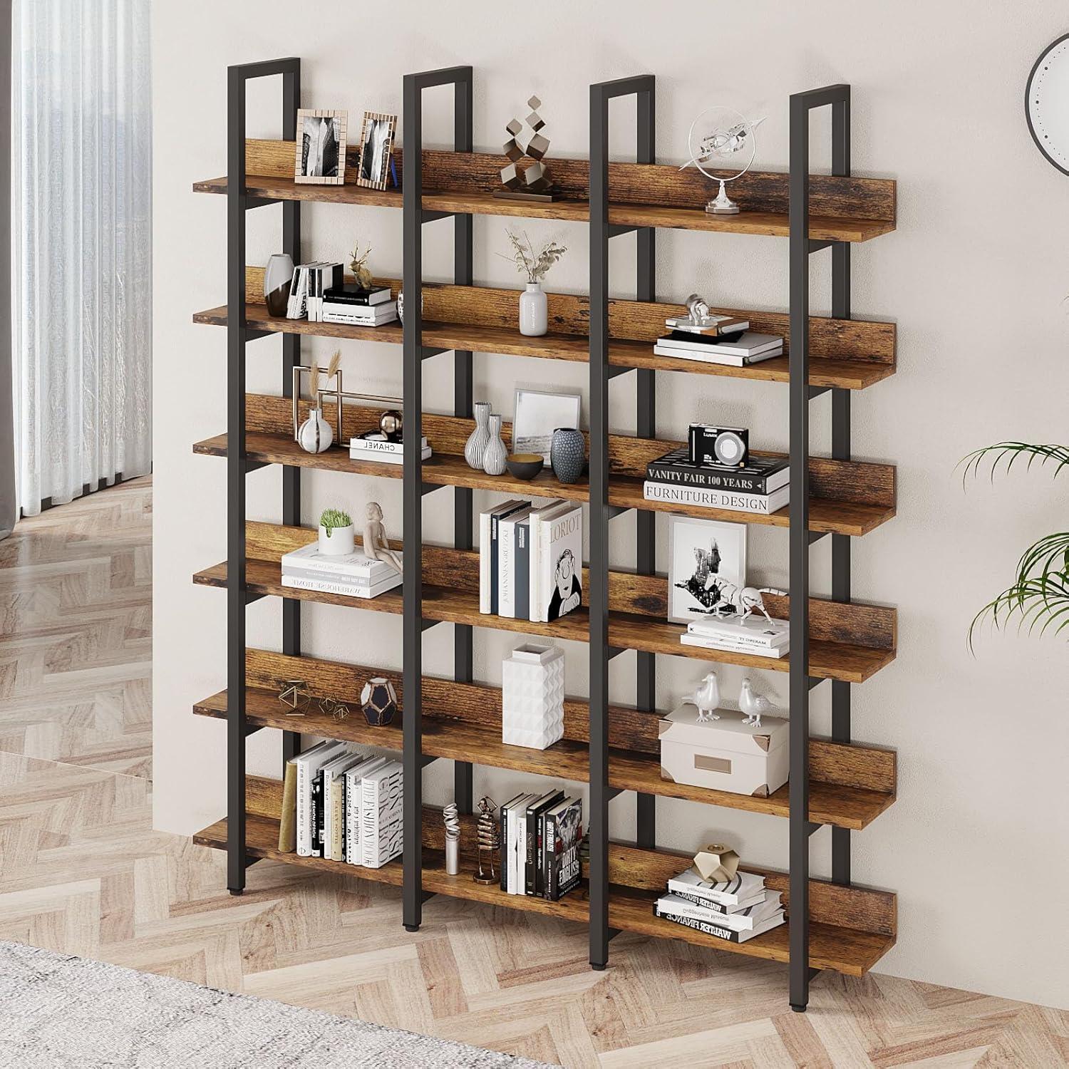 Triple Wide Brown and Black 6-Tier Industrial Bookcase