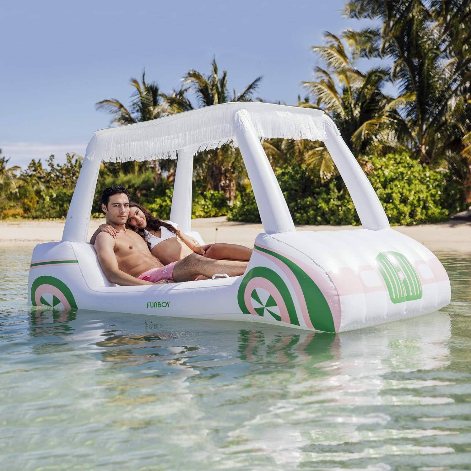Oversized White and Green Inflatable Golf Cart Pool Lounger