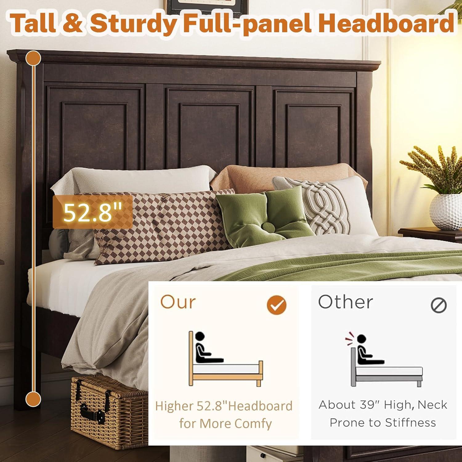 King Size Platform Bed with Tall Headboard & Footboard, Pinewood King Bed Frame with Wood Panel Bed Base, No Squeak, No Box Spring Needed, Traditional Style, Brown