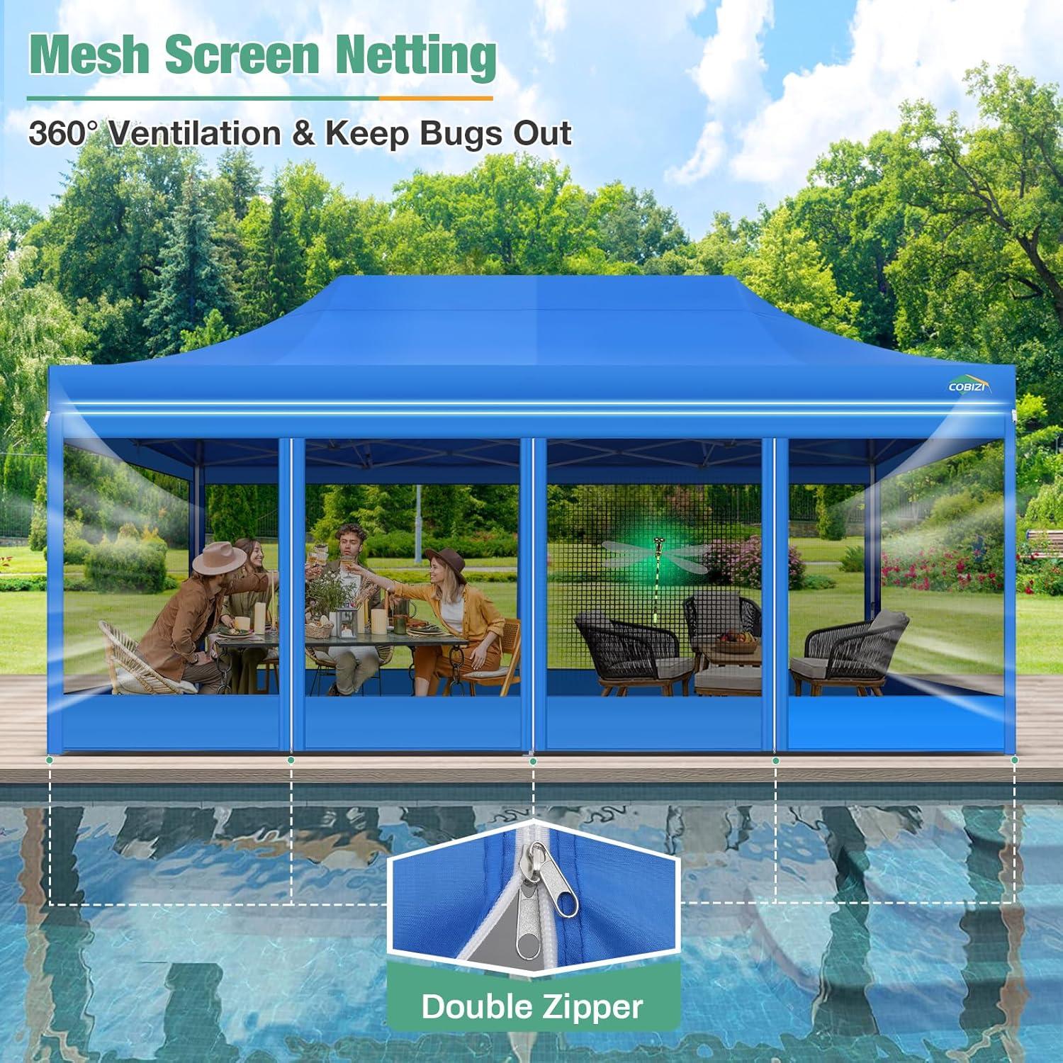 Cobizi 10x20 Canopy Tent, Heavy Duty Pop up Canopy with Sidewalls, Waterproof Easy Setup Canopy with Mosquito Netting, Outdoor Instant Screen Tents for Parties, Wedding, Backyard with Carry Bag