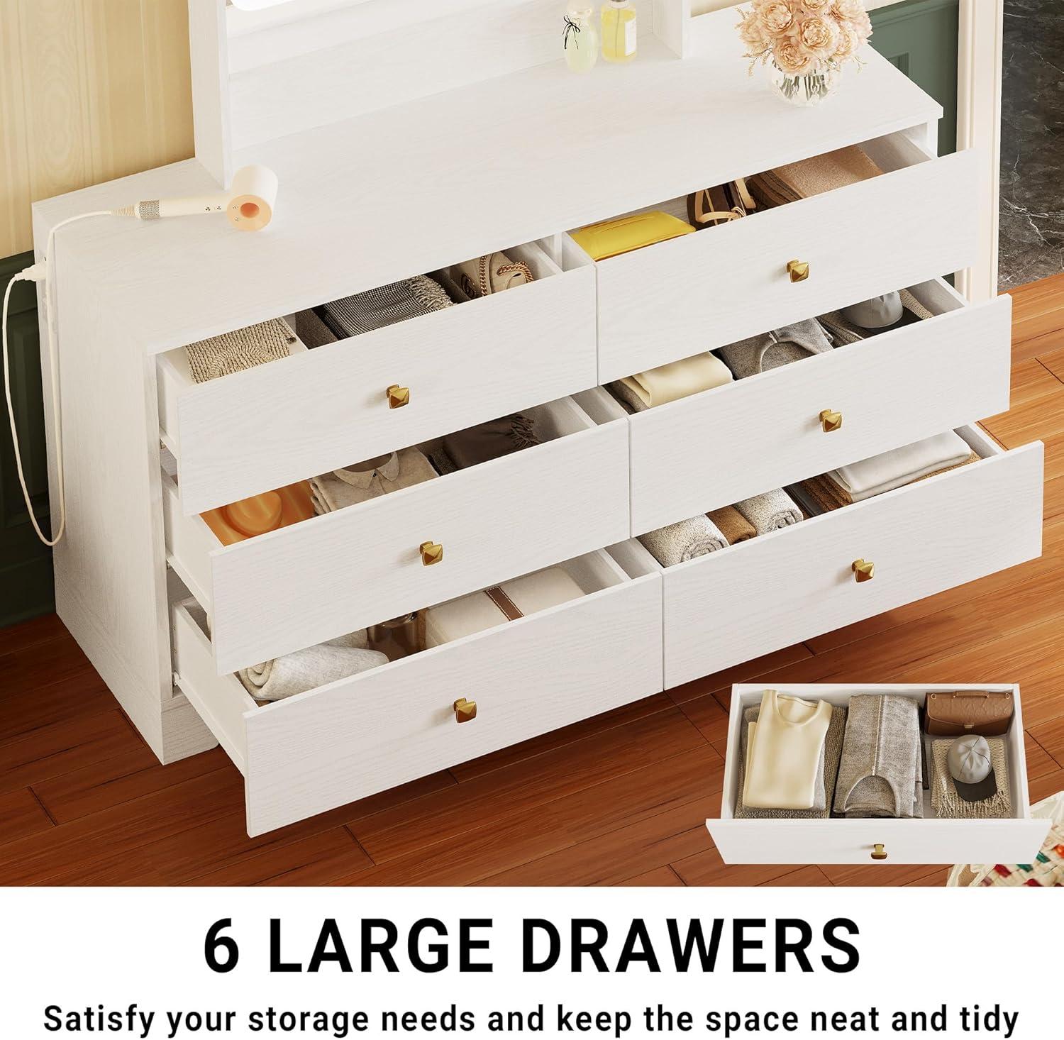 LIKIMIO Dresser for Bedroom 6 Drawer, Wood Dresser with Mirror and Charging Station, Storage Chest of Drawers for Living Room Hallway Entryway, White