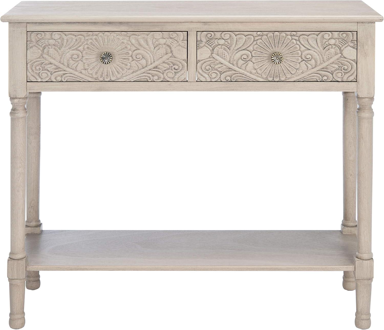 Josie Elegantly Carved Greige Wood & Metal 40'' Console Table with Storage