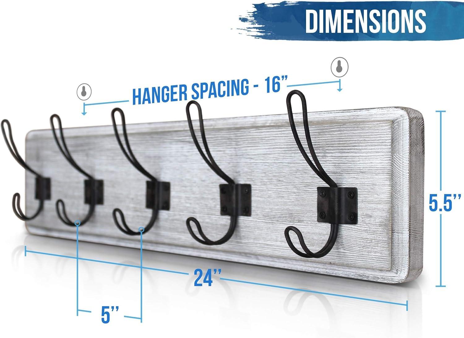 HBCY Creations Rustic Coat Rack with 5 Hooks - White Wash Wall Mount 24" Coat Rack - Solid Pine Wood Entryway Hanger - Farmhouse Coat Rack for Kitchen, Bedroom