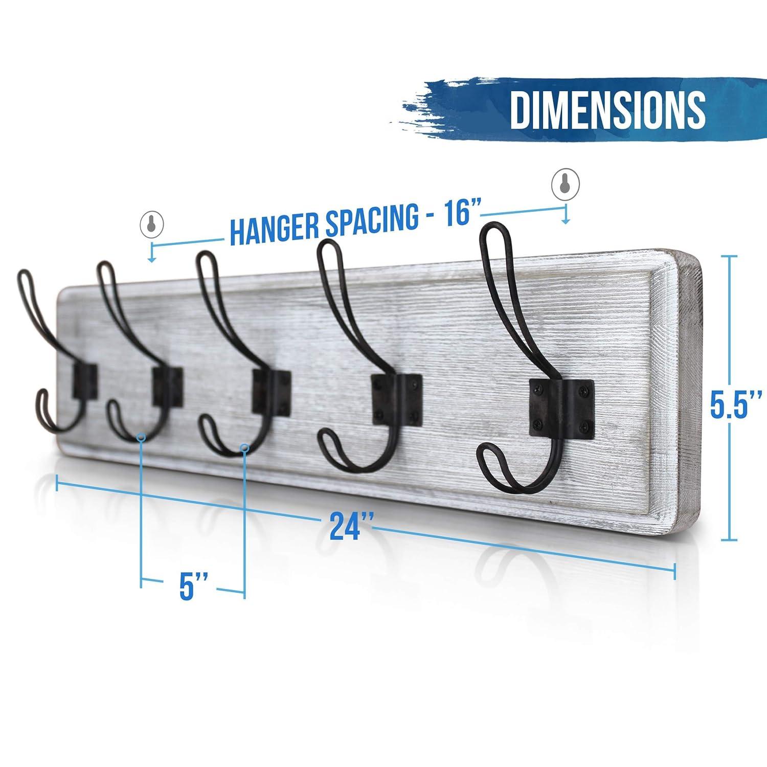 HBCY Creations Rustic Coat Rack with 5 Hooks - White Wash Wall Mount 24" Coat Rack - Solid Pine Wood Entryway Hanger - Farmhouse Coat Rack for Kitchen, Bedroom