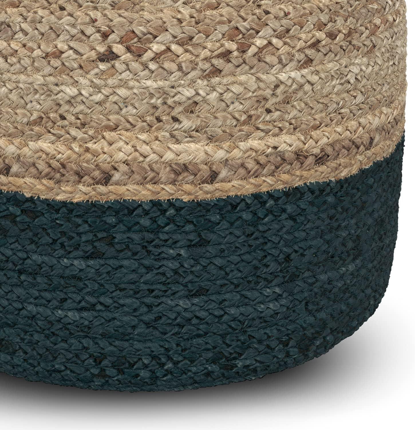 Lydia Contemporary Round Pouf in Teal Blue Natural Braided Jute