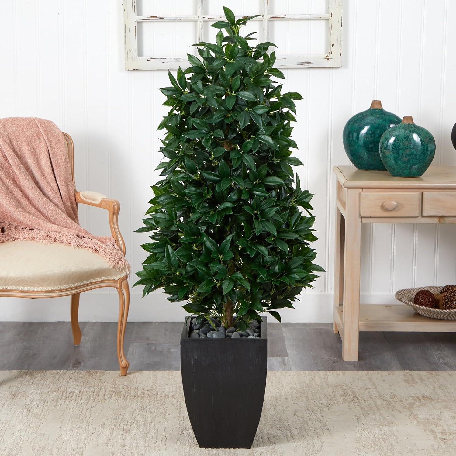 Nearly Natural 56-in Bay Leaf Cone Topiary Artificial Tree UV Resistant in Black Planter (Indoor/Outdoor)