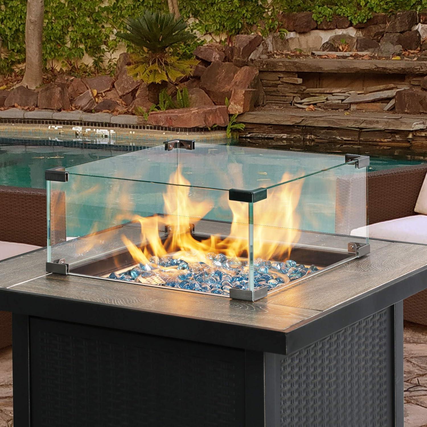 BALI OUTDOORS Fire Pit Wind Guard Fence 18"x 18"x 6" Square Fire Pit Screen Clear Tempered Glass Flame Guard for Propane Fire Pit, Outdoor Fire Column