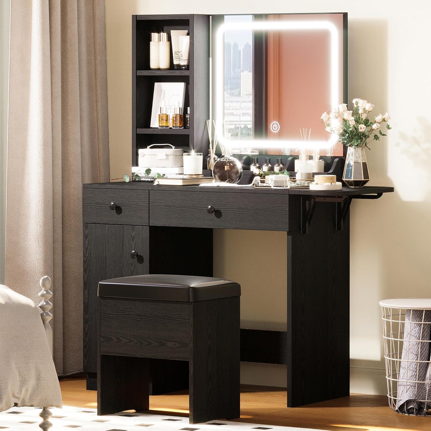 Black Iron Vanity Desk with LED Mirror and Storage Bench