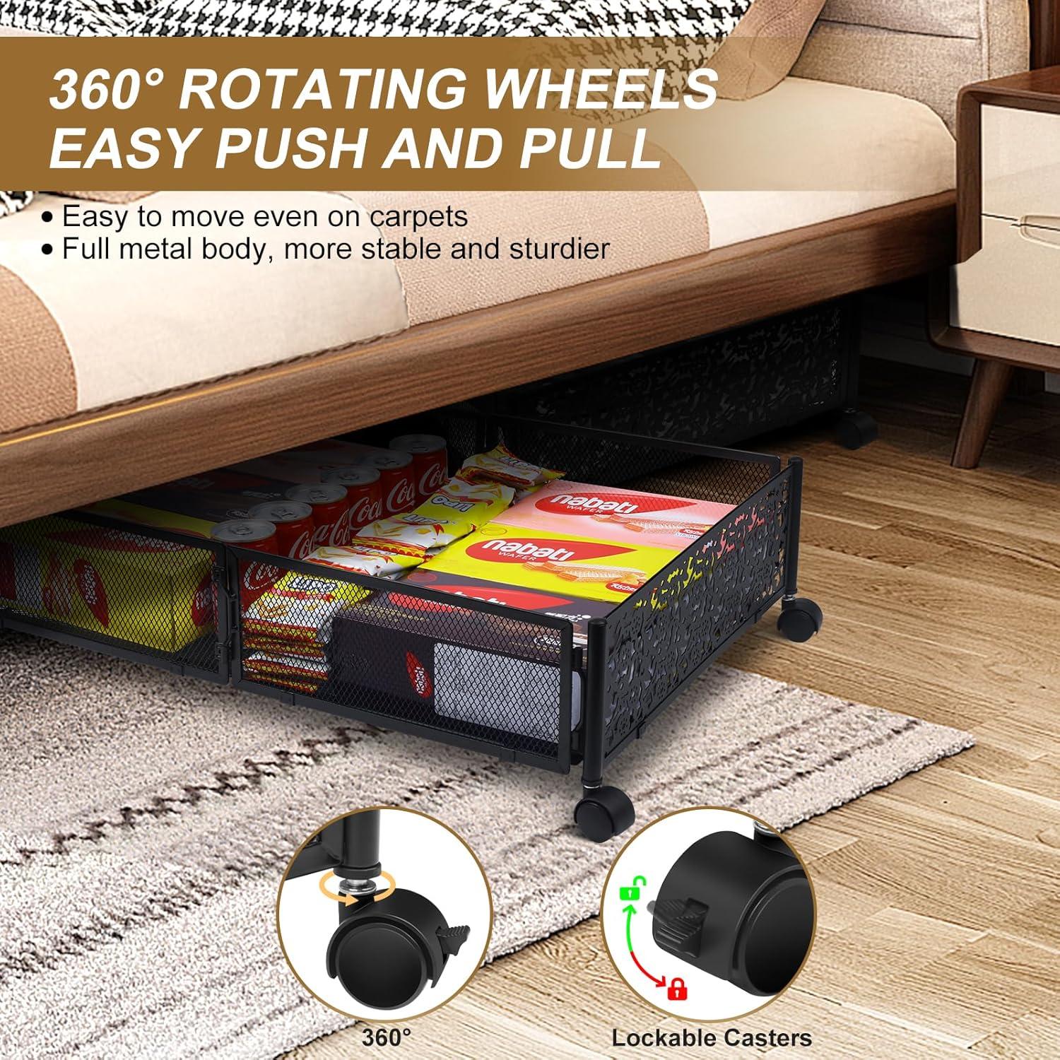 Under Bed Storage with Wheels, Underbed Storage Containers Drawers, Under Bed Shoe Storage Organizer for Bedroom Clothes Shoes Blankets (2PCK, BLACK)