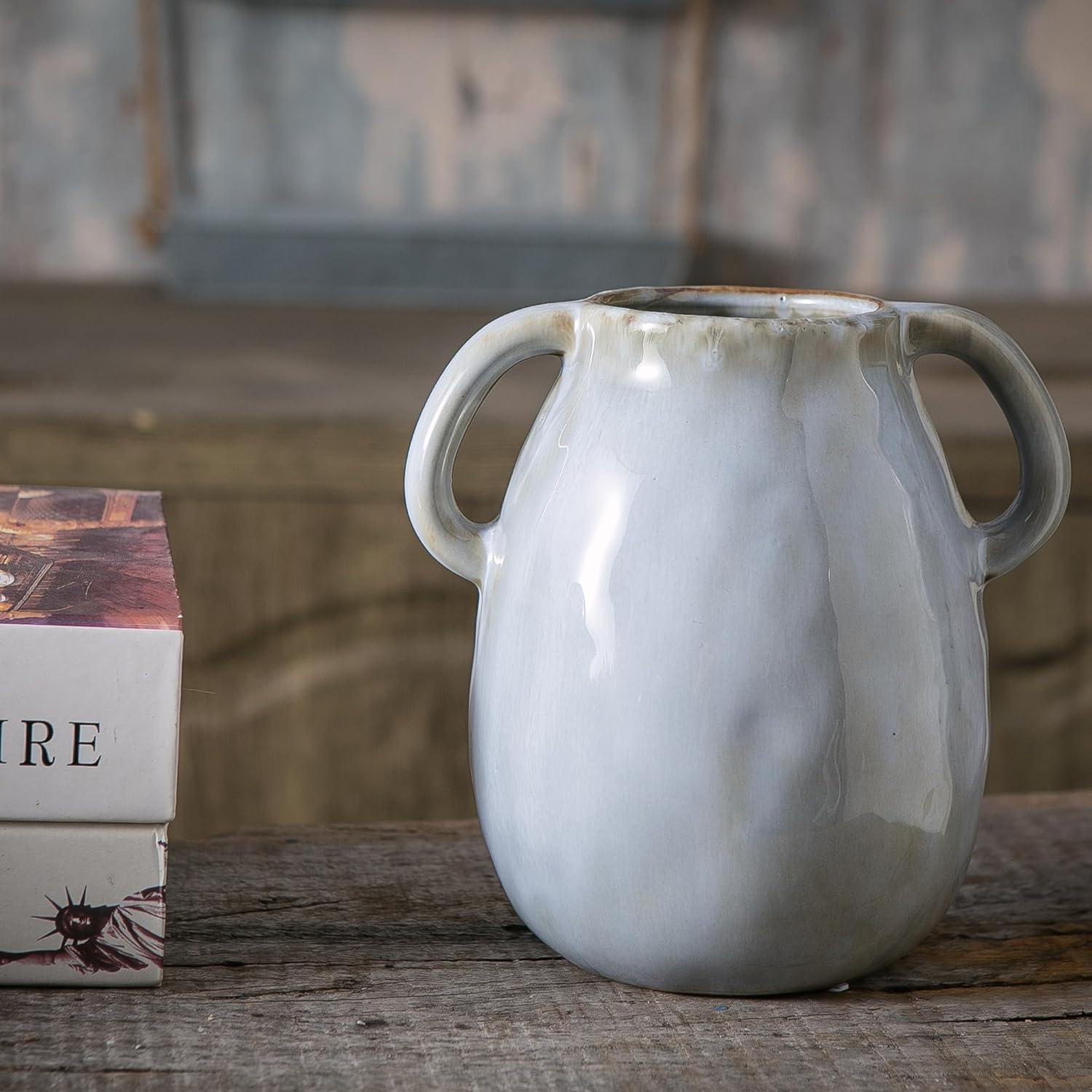 Grey Ceramic Vase with 2 Handles, Modern Farmhouse Vase for Home Decor, Rustic Terracotta Vase, Decorative Pottery Flower Vase, Clay Samll Vase, Centerpieces for Dining Table - 7 Inch Tall