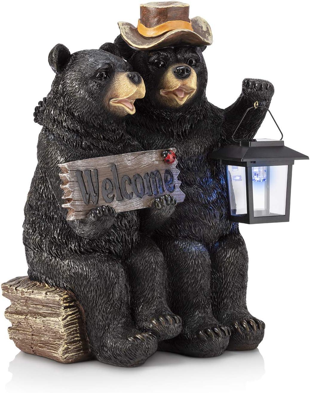 Alpine Corporation 15" Tall Outdoor Bear Couple with Lantern and Welcome Sign Statue with Solar LED Light Yard Art Decoration