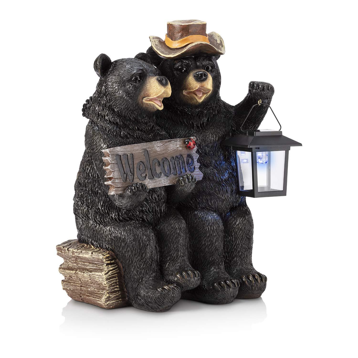 Alpine Corporation 15" Tall Outdoor Bear Couple with Lantern and Welcome Sign Statue with Solar LED Light Yard Art Decoration