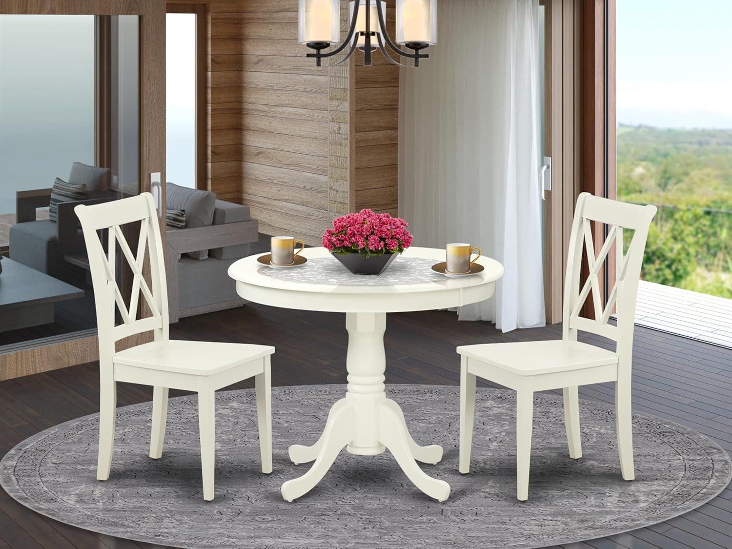 East West Furniture Antique 3-piece Dining Set with X-back Chair in Linen White