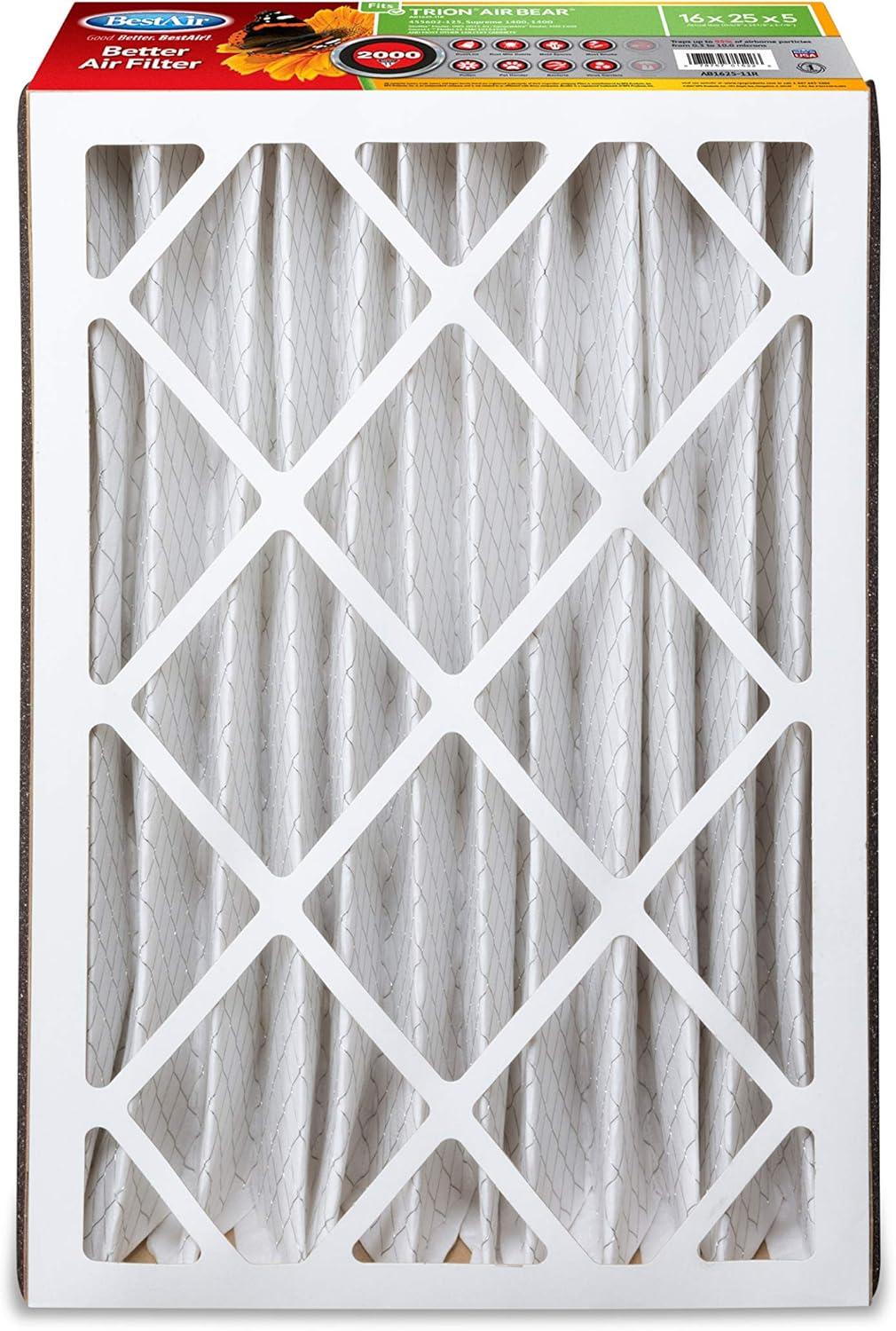 BestAir 3pk 16" x 25" x 5" Trion Air Bear Replacement Air Furnace Filter MERV 11: Electrostatic, Captures Allergens, EPA Certified