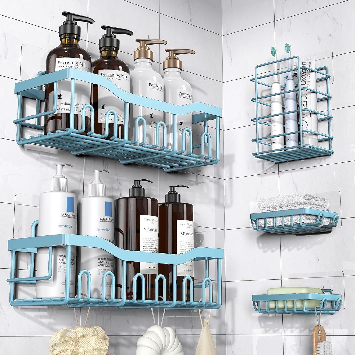 Light Blue Stainless Steel Adhesive Shower Caddy Set