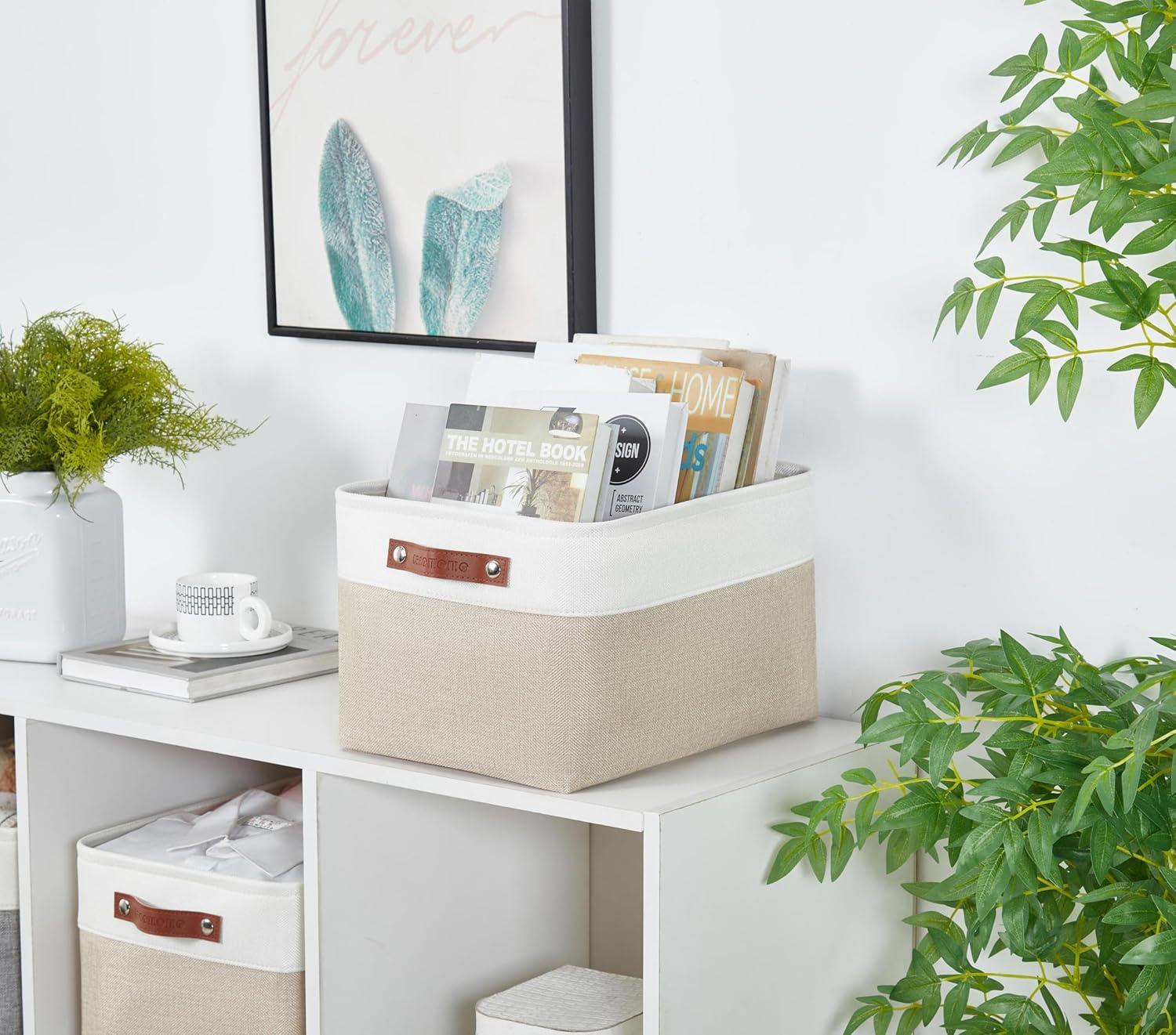 Beige and White Rectangular Fabric Storage Bins with Handles