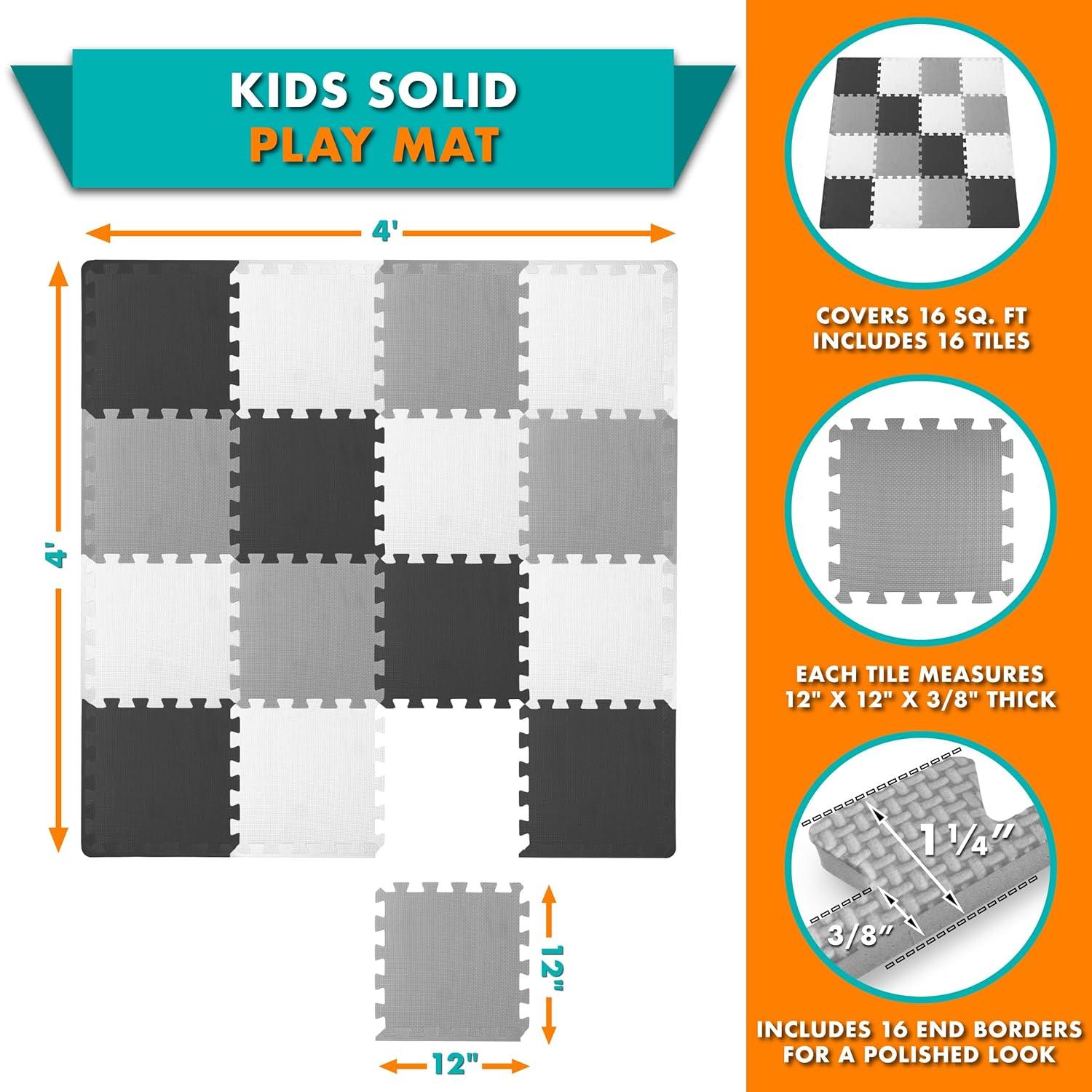 Prosource Kids Solid Floor Play Mat 3/8-in, 16 Sq Ft - 16 Tiles, Black/Grey/White
