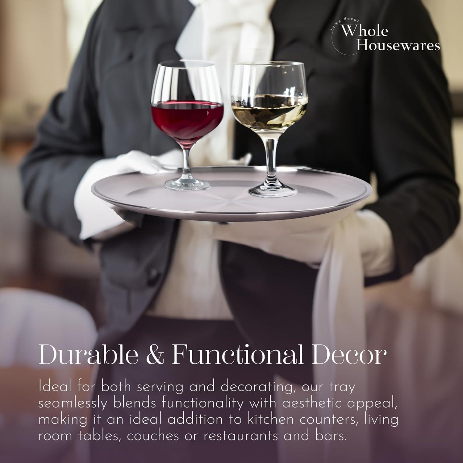 WHOLE HOUSEWARES Metal Serving Tray - Round Silver Serving Tray - Circular Metal Platter - Cocktail Serving Bar Tray - Chrome-Plated Steel Tray for Coffee Table - 13.3 x 0.4 inches