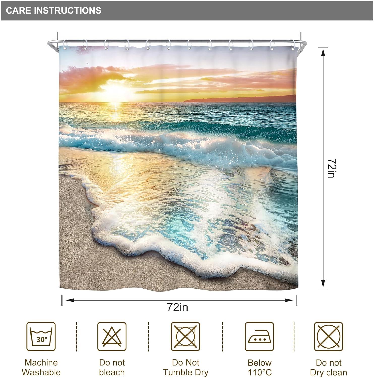 Riyidecor Beach Ocean Themed Shower Curtain Sets for Bathroom, Sunrise Sunset View Scene 71x71 Inch Hawaii Seashore Summer Coastal Seaside Seascape Cloth Fabric Decorative 12 Hooks Waterproof BB-JWXP