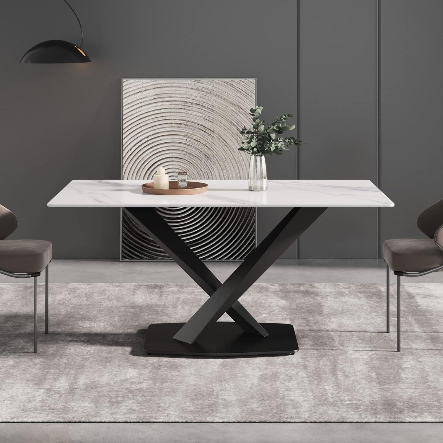 63'' White Sintered Stone Dining Table with Black Metal Base