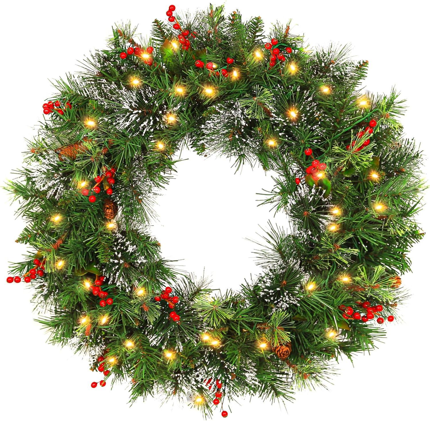 💐 Wreath door hanger 24" Pre-Lit Artificial Christmas Wreaths for Front Door Decorated with Pine Cones, Red Berries, Frosted Branches, 50 LED Lights for Indoor Outdoor Christmas Decorations