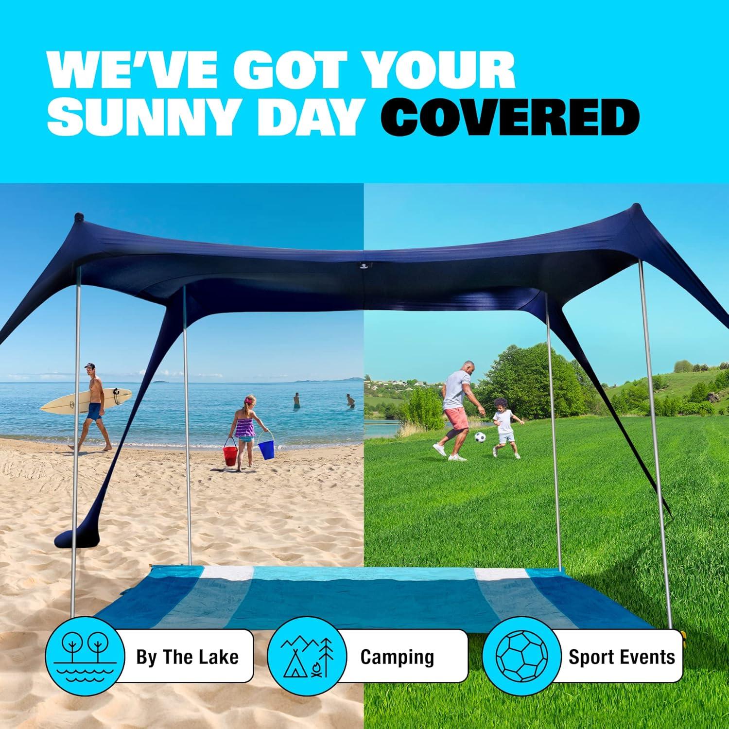 SUN NINJA 7x7.5 FT Pop-Up Beach Tent with Sand Shovel, Pegs & Stability Poles – Royal Blue Sun Shelter for Beach, Camping & Outdoor Use