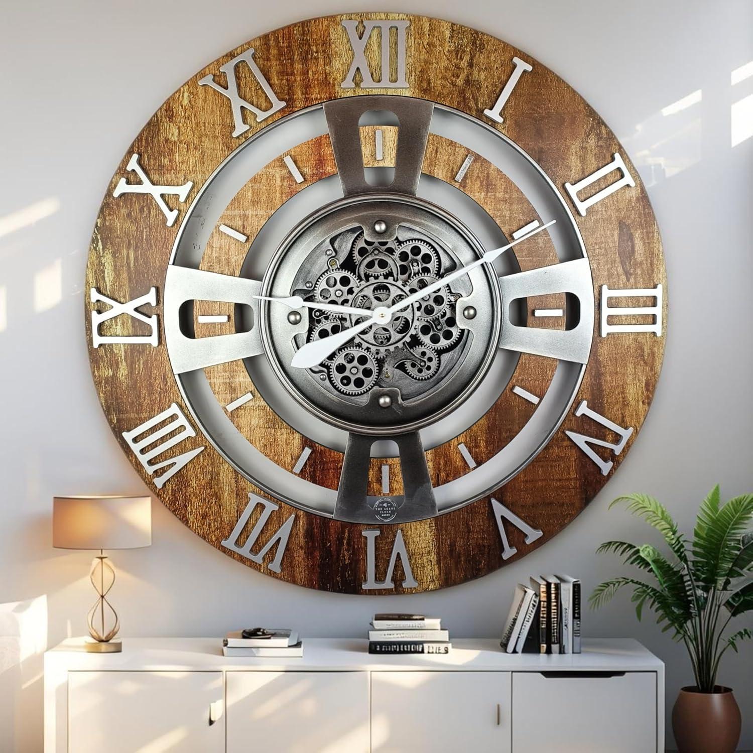 The Gears Clock Wall Clock 36" Oversized for Living Room decor with Real Moving Gears England Collection