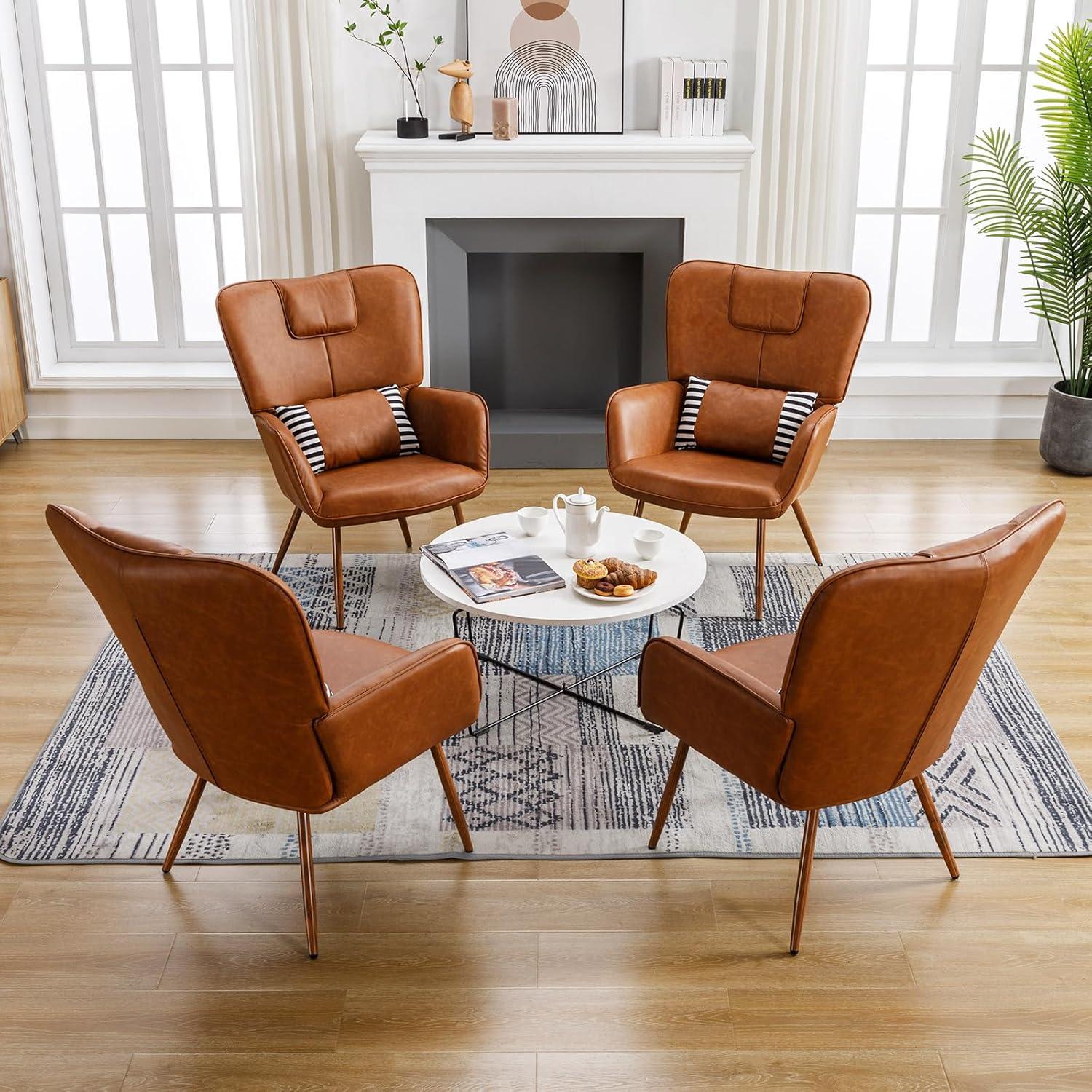 Faux Leather Wingback Chair, Arm Chair, Upholstered Living Room Chairs, Brown Accent Chair, Accent Chairs for Living Room, Bedroom, Office and Study