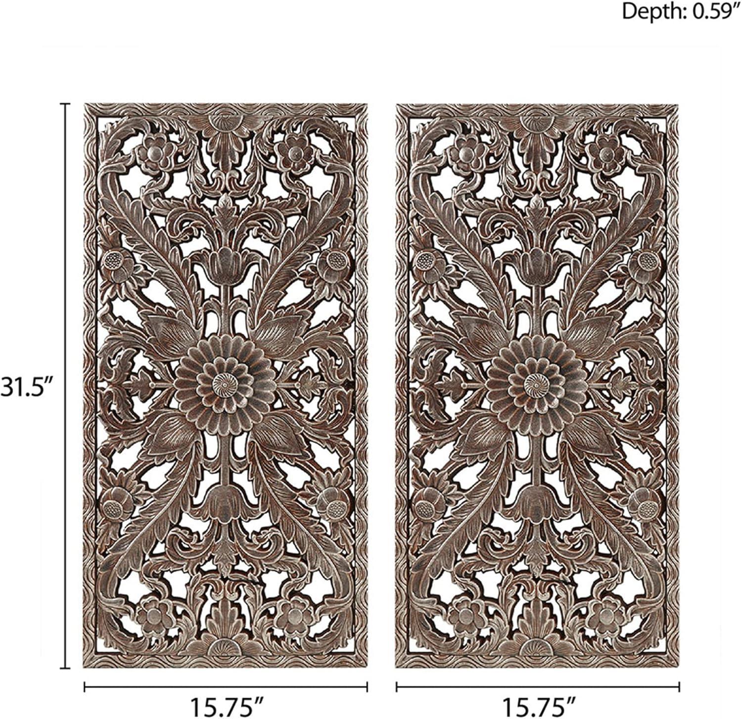 2pc Botanical Carved Wall Decor Panel Set Bronze - Madison Park: MDF Antique Finish, Vertical Orientation