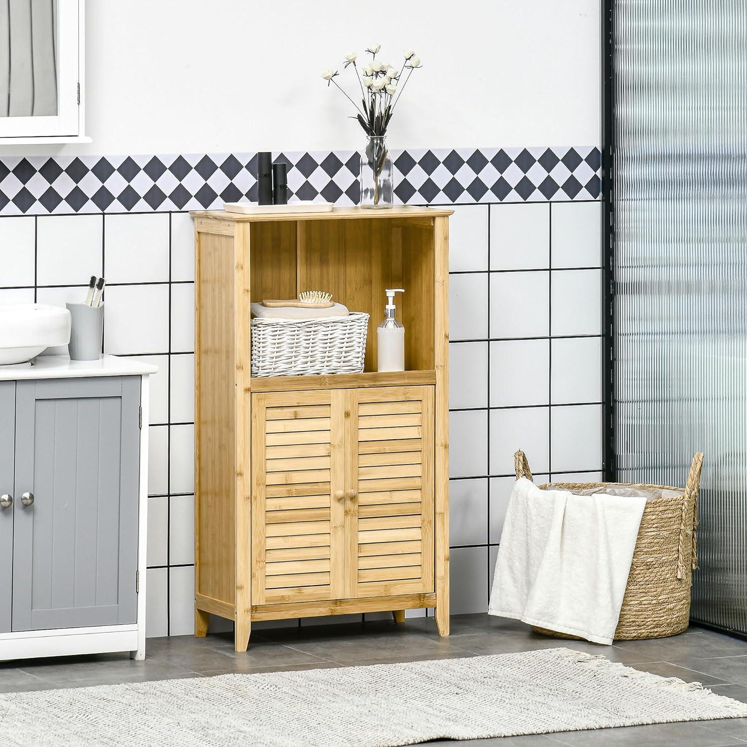 HOMCOM Bamboo Floor Cabinet Bathroom Floor Cabinet Living Room Organizer Tower with Multiple Shelves and Doors, Natural