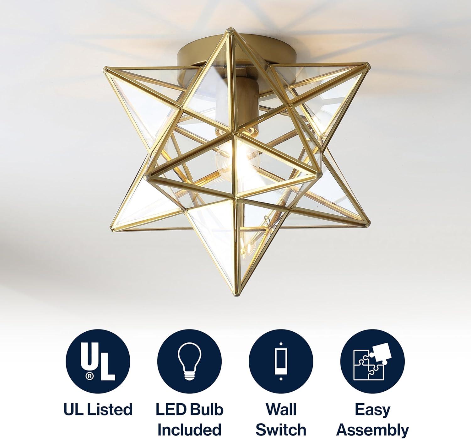 Everly Quinn 12" Moravian Star Metal/Clear Glass LED Flush Mount, Gold/Clear
