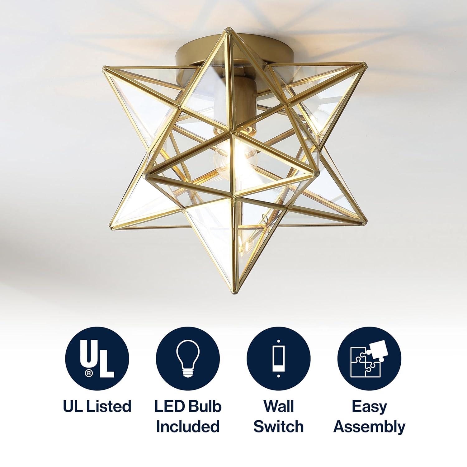Everly Quinn 12" Moravian Star Metal/Clear Glass LED Flush Mount, Gold/Clear