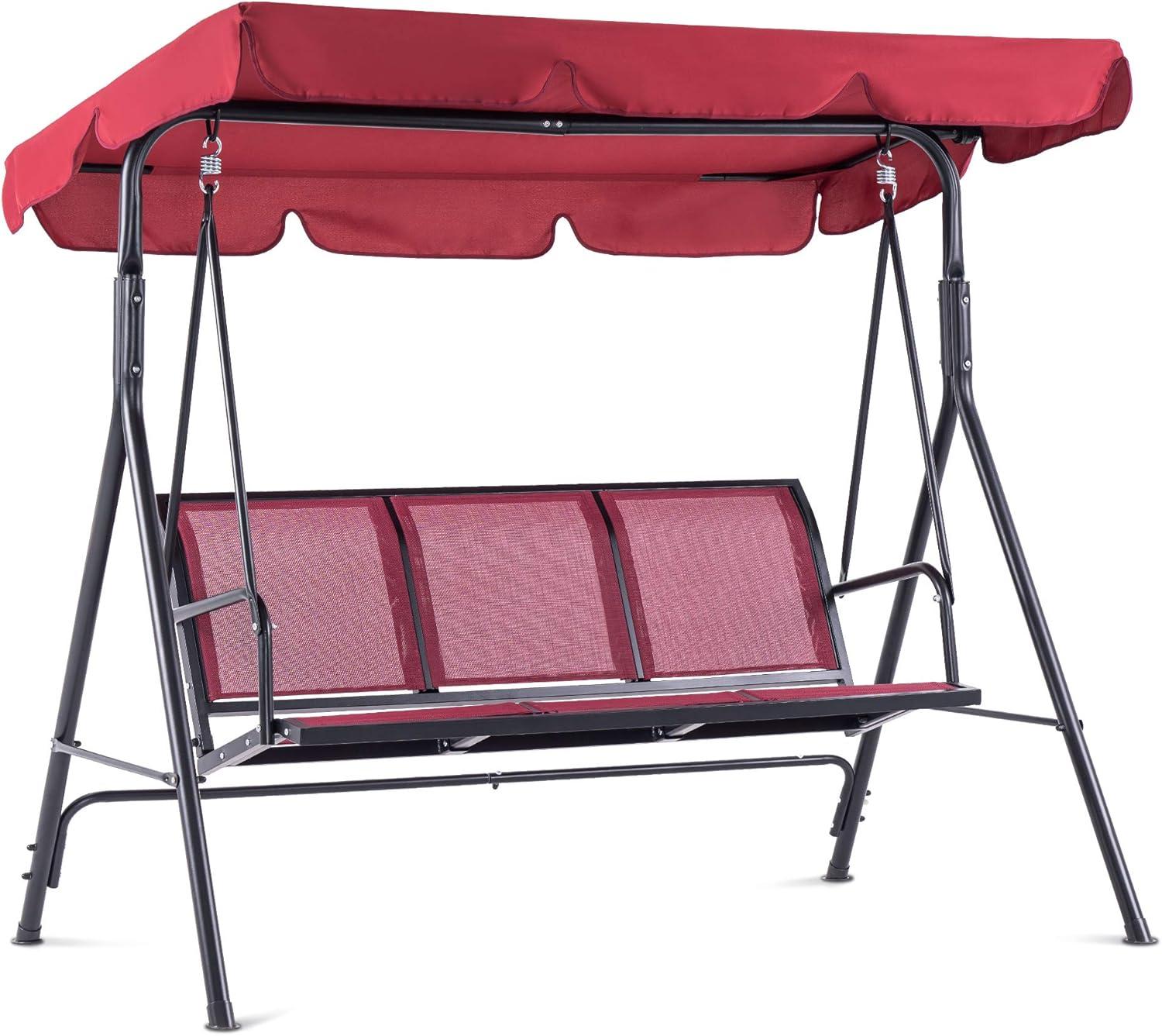 Burgundy Steel Frame 3-Person Outdoor Patio Swing Chair with Canopy