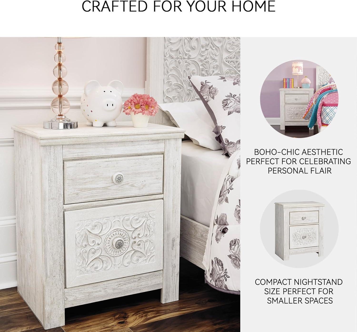Paxberry Two Drawer Nightstand White Wash - Signature Design by Ashley: Traditional Style, USB Port, Storage Function