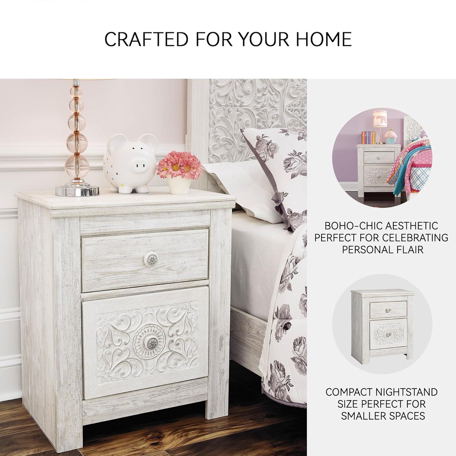 Paxberry Two Drawer Nightstand White Wash - Signature Design by Ashley: Traditional Style, USB Port, Storage Function