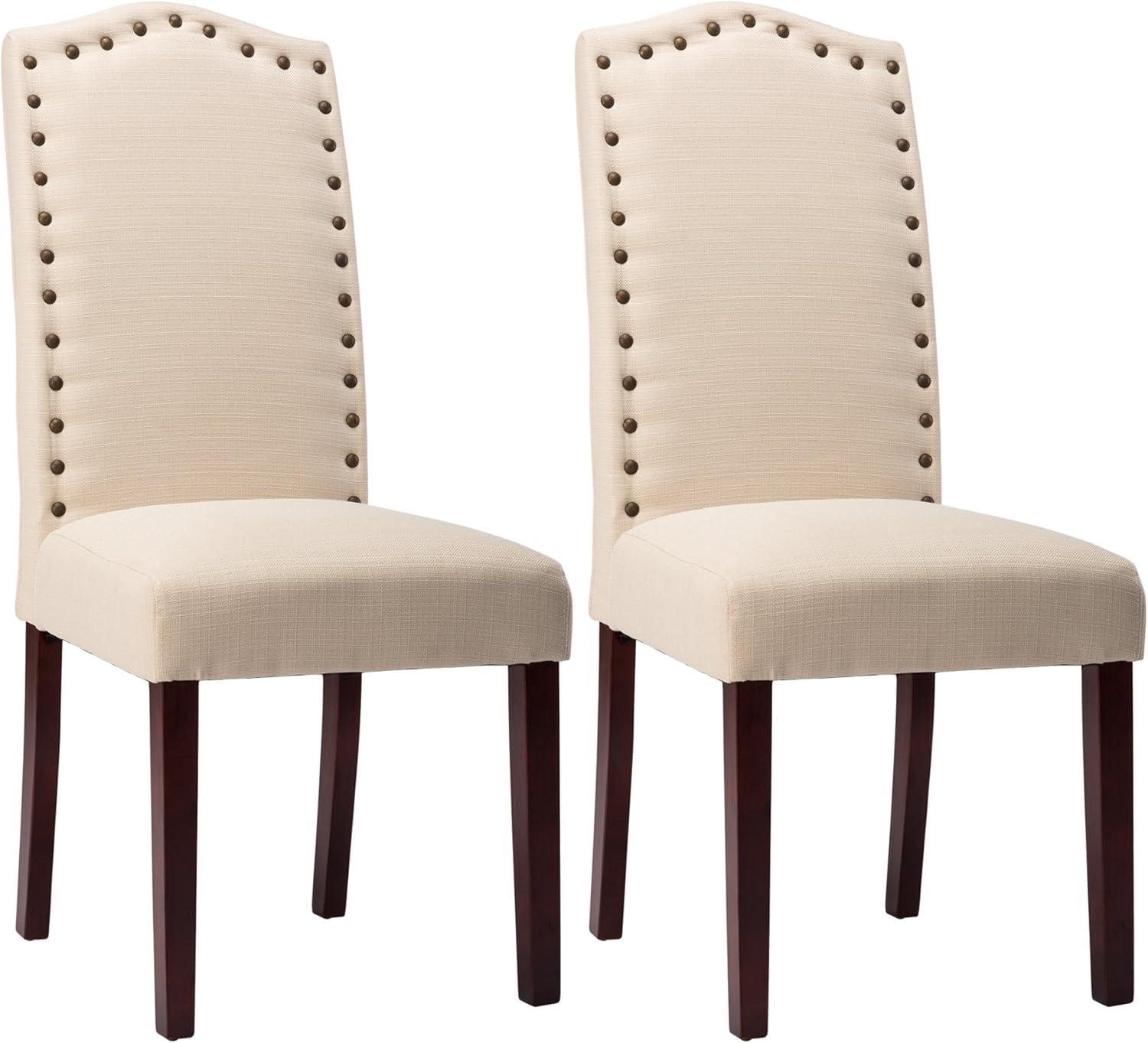 Dining Chairs Set of 2, High Back Fabric Upholstered Parsons Dining Room Chairs, Nail Head Trim Dining Chair, Beige