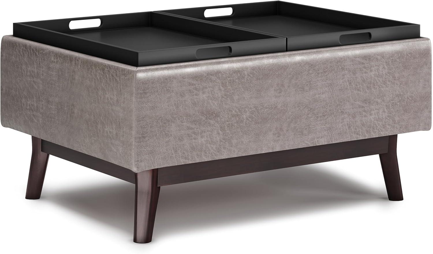 Simpli Home Small Coffee Table Storage Ottoman In Distressed Grey Vegan Faux Leather