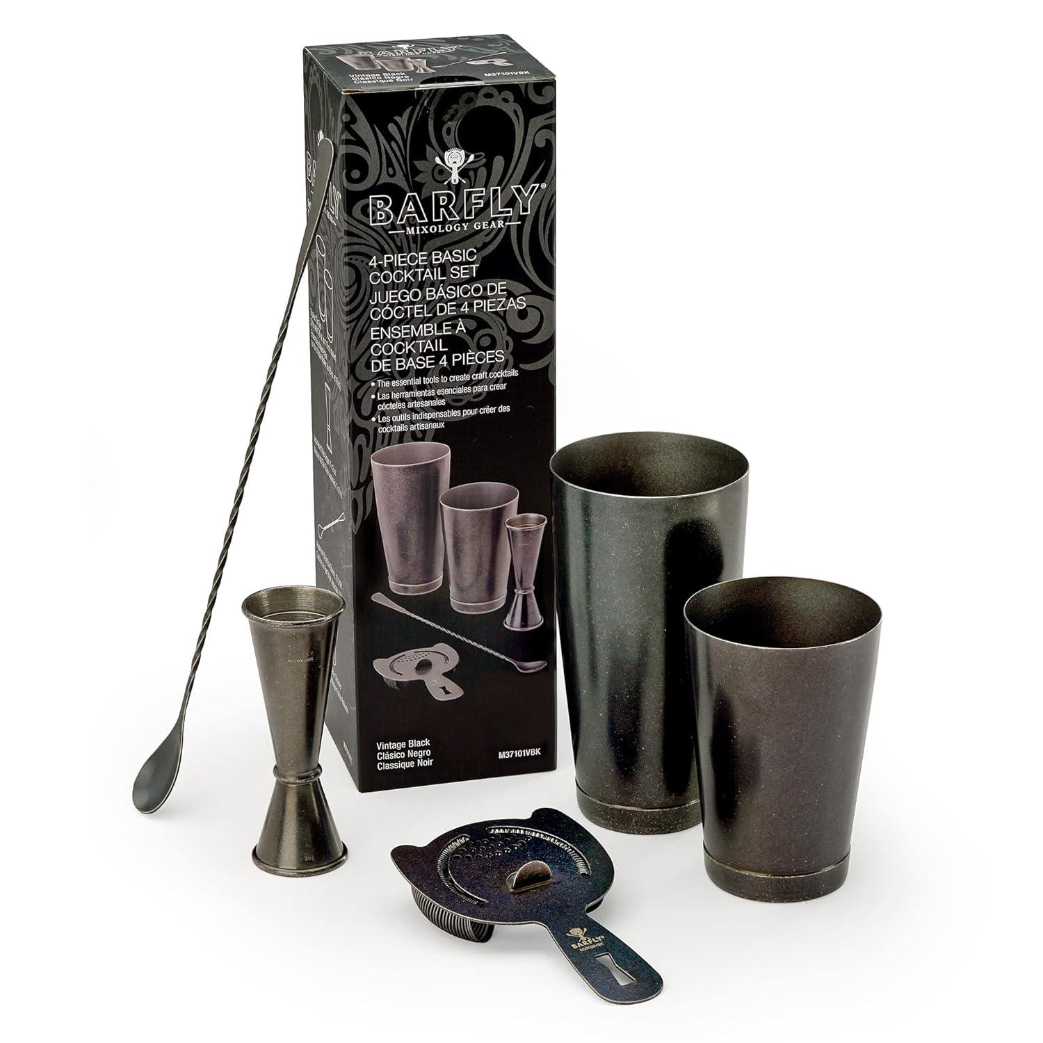 Vintage Black 5-Piece Cocktail Shaker Set with Jigger and Strainer