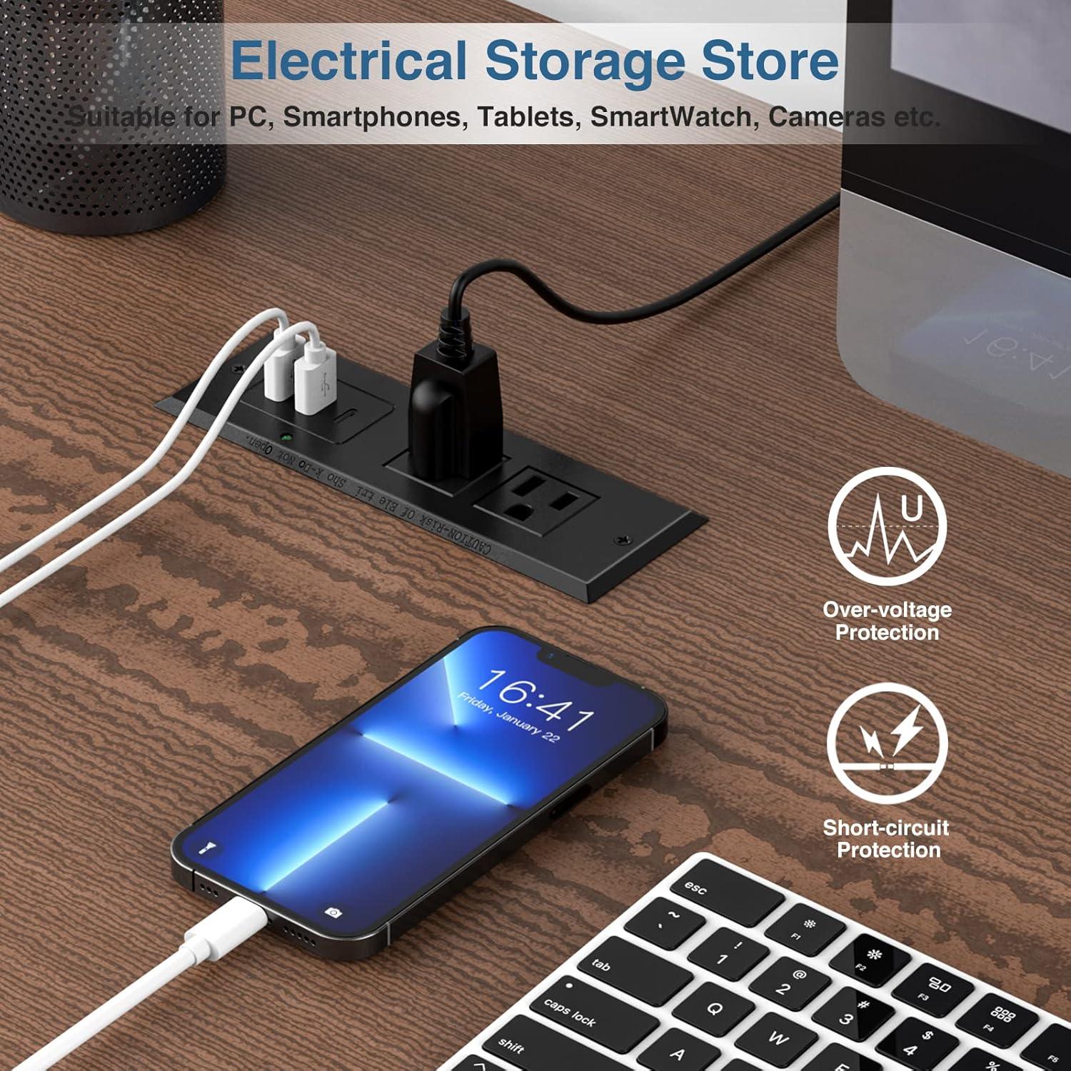 Black Recessed Power Strip with USB-C Fast Charging