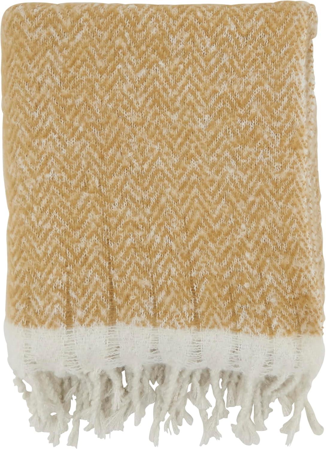 Saro Lifestyle Chic Faux Mohair Herringbone Fringed Throw, Beige, 50"x60"