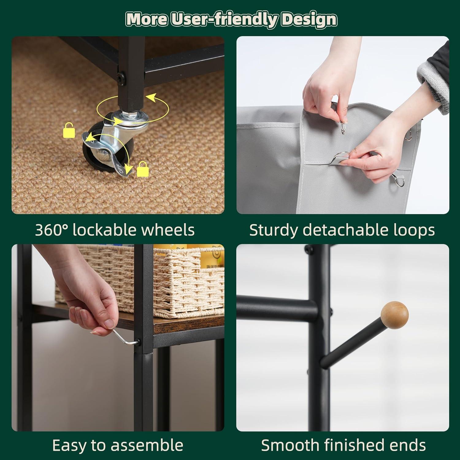 VASAGLE Clothes Rack with Laundry Hamper Removable Laundry Basket with Shelf Rustic Brown and Black