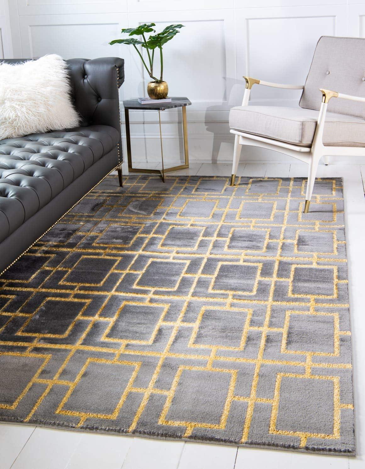 Elegant Gray and Gold Trellis 4' x 6' Synthetic Area Rug