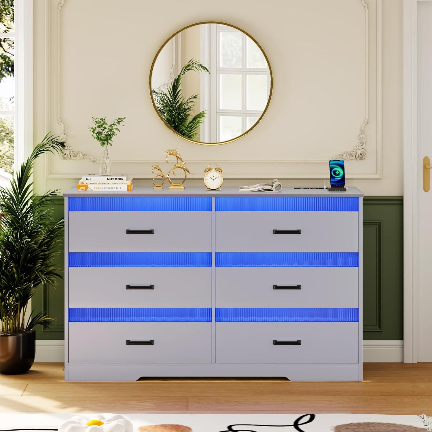 Gray Modern 6-Drawer Dresser with LED Lights and Charging Station