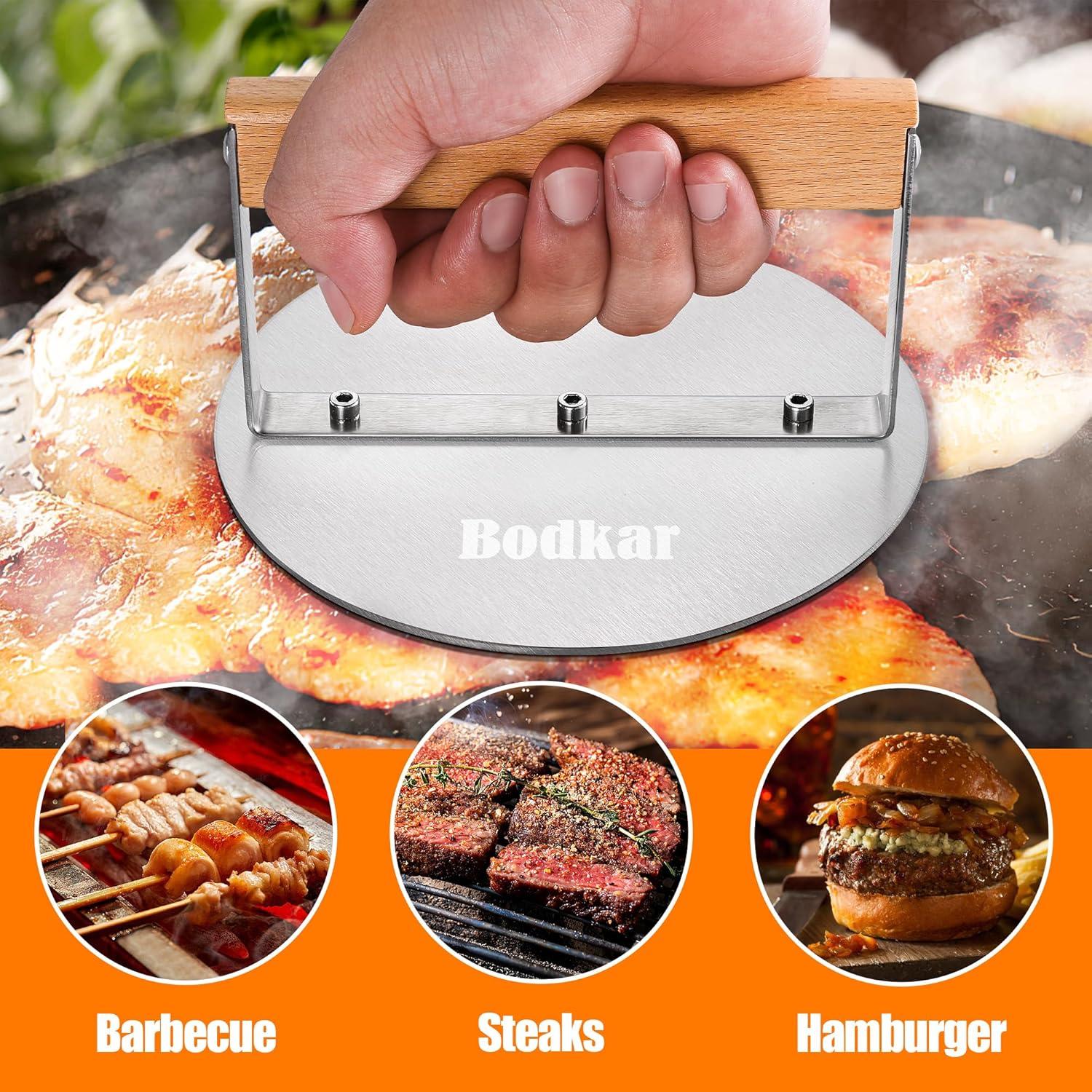 Stainless Steel Burger Press, 6 inch Round Burger Smasher Round Hamburger Press with Wood Handle, Grill Press Meat Flattener Tool for Flat Top Griddle Grill Cooking