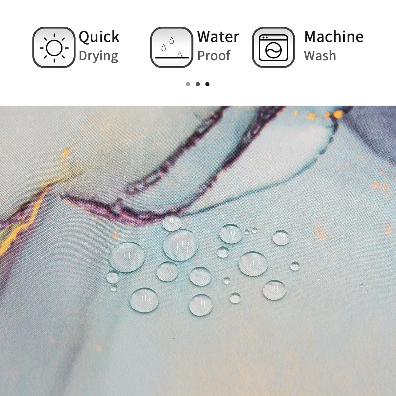 Abstract Marble Shower Curtain, Blue Green Purple Jade Texture Gold Stripes Ombre Watercolor Paint, Modern Ink Art Decor Waterproof Fabric Shower Curtain for Bathroom Set with Hooks, 71 x 71