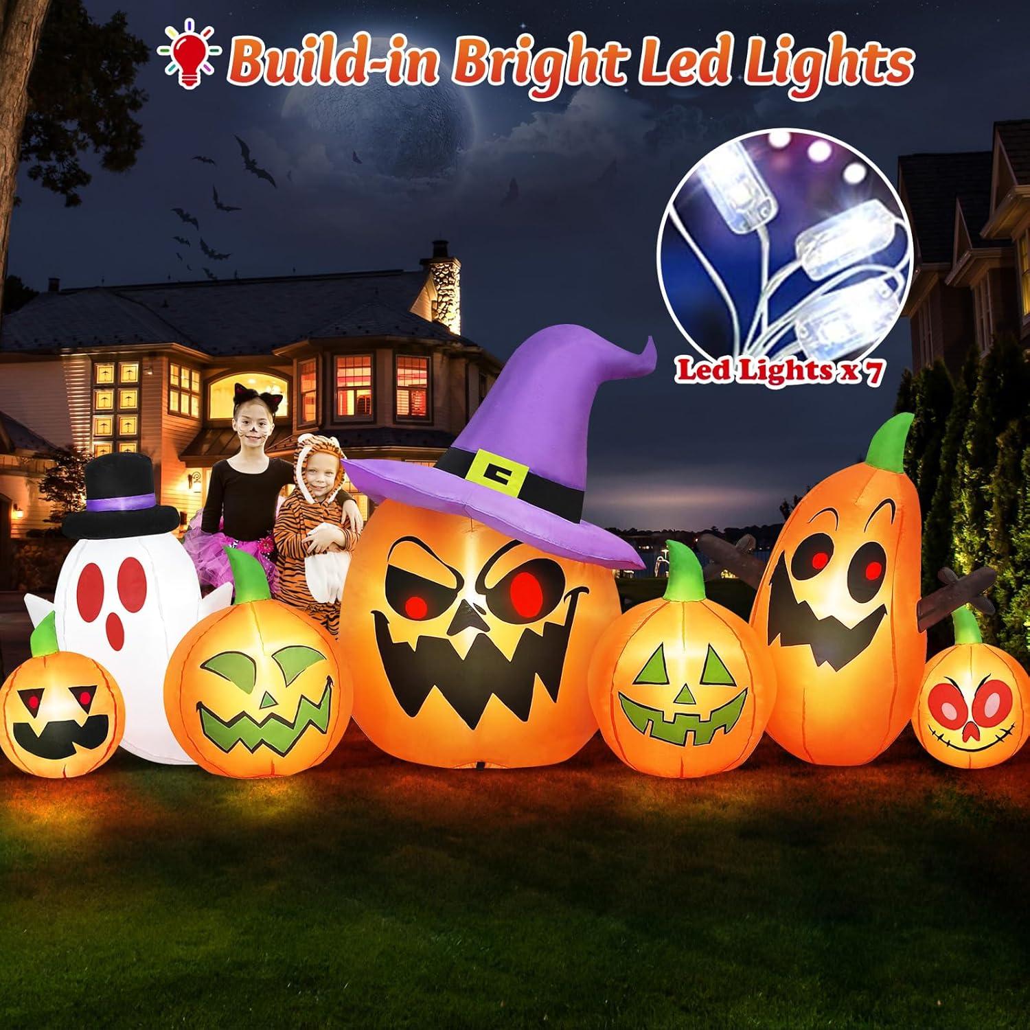 8FT Long Halloween Inflatables Outdoor Decorations, Haunted Inflatable Pumpkins With Witch Hat & Ghost Combo Blow Up Yard Decoration Built-In Leds Lighted For Lawn Garden Outside Indoor Decor